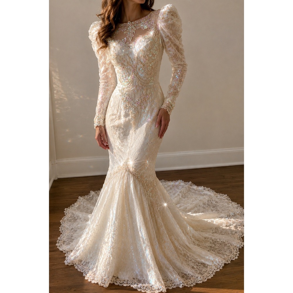 Alfred‎ Angelo VTG 80s Puff Sleeve Beaded Lace Mermaid Wedding Dress XS Train